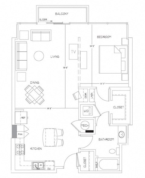 Floor plan for 1 bed, 1 bath, 911 sqft